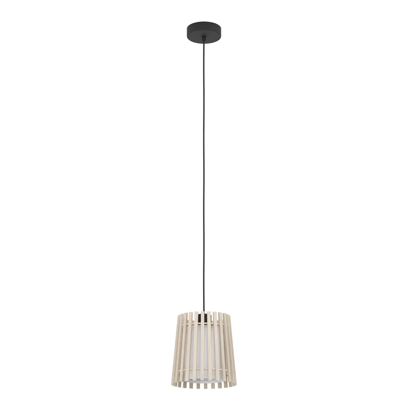 Eglo Pendant Lighting Fattoria, Ceiling Light Fitting for Dining Room, Hanging lamp Made of Bright Wood, White Fabric and Black Metal, E27 Socket, Ø 8"