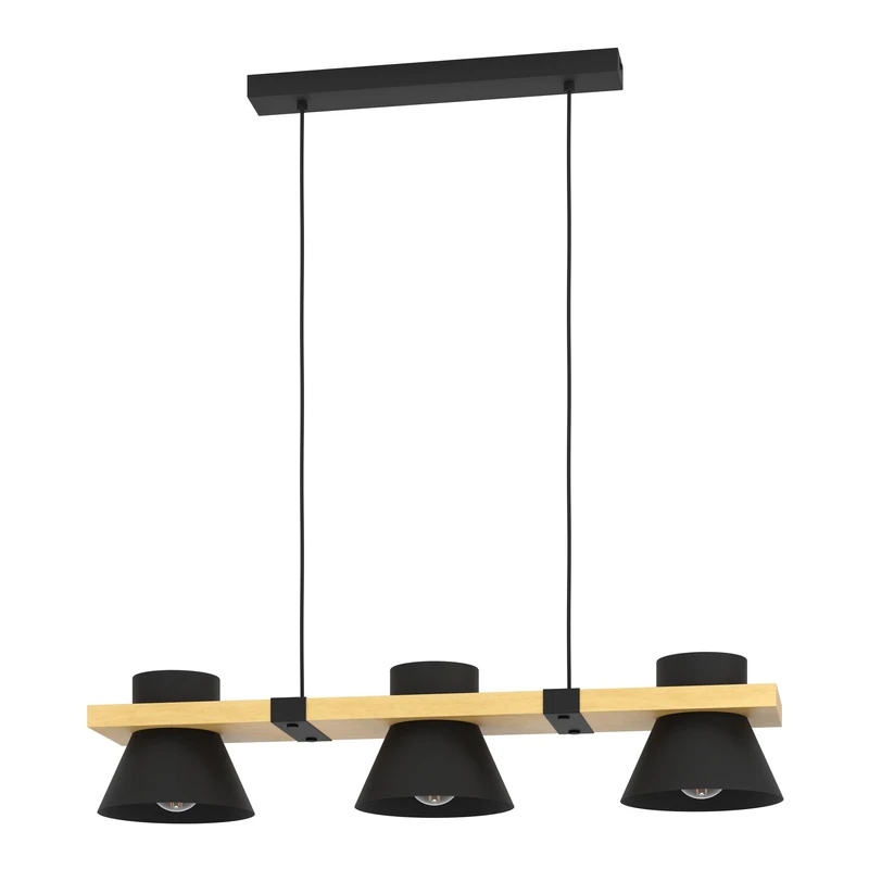 Eglo Pendant Lighting Maccles, 3 lamp Ceiling Light Fitting for Dining Room, FSC100HB, Hanging lamp Made of Wood and Black Metal, E27 Socket, 31"
