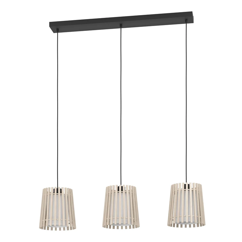 Eglo Pendant Lighting Fattoria, 3 lamp Ceiling Light Fitting for Dining Room, Hanging lamp Made of Bright Wood, White Fabric and Black Metal, E27 Socket, 35"