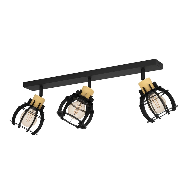 Eglo Ceiling Light Fixture Stillington 1, 3-Flame Swivel Spots Ceiling lamp, FSC100HB, Black Metal and Natural Wood, Industrial Design Spotlight bar, Living Room Lighting, E27 Socket