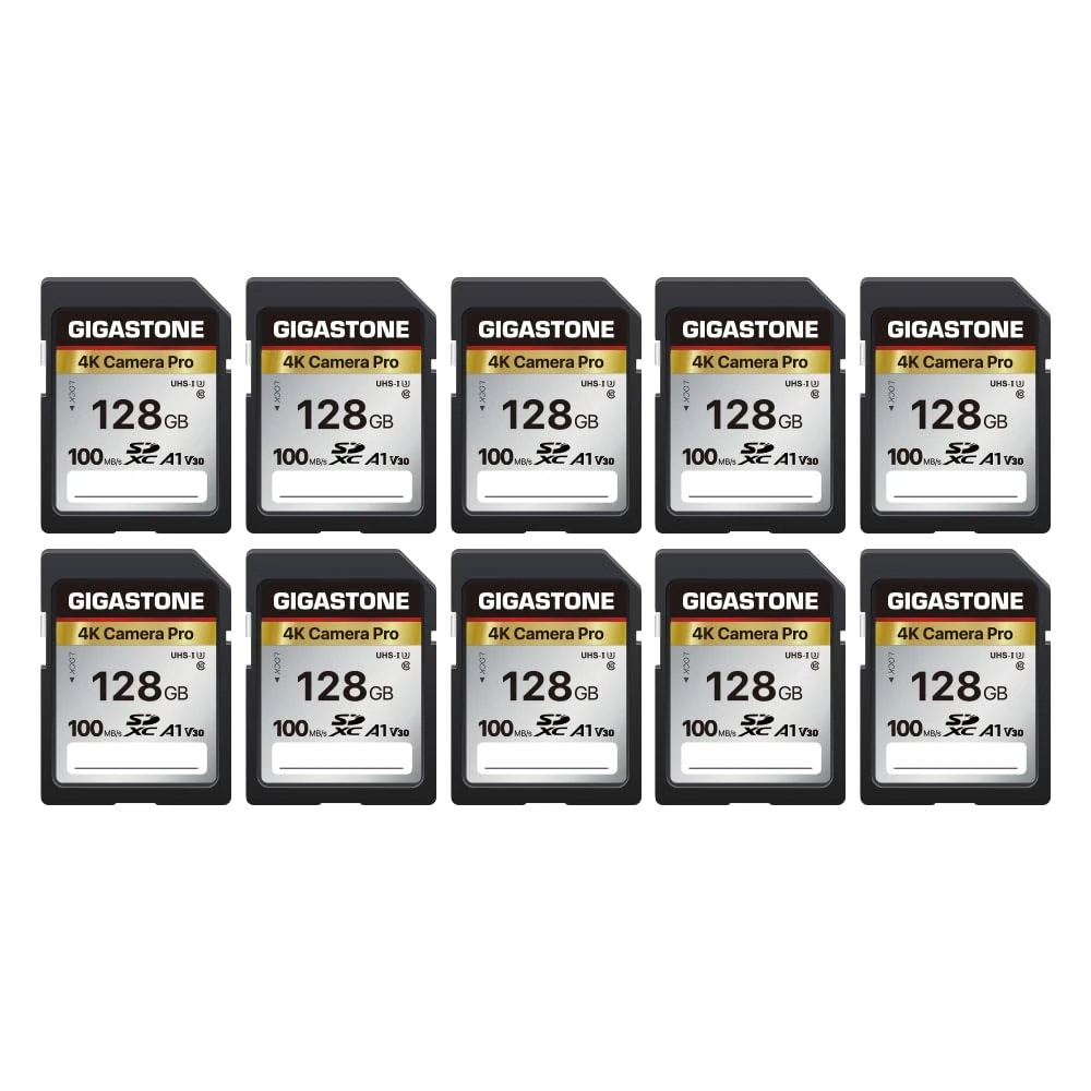 5-Years Data RecoveryGIGASTONE 128GB 10-Pack SD Card, 4K Camera Pro, A1 V30 SDXC Memory Card 4K UHD Video Compatible with Canon Nikon Sony Panasonic Digital Camera, with 10 Mini Cases