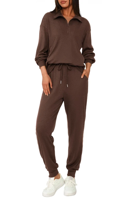 BTFBM Women's 2 Piece Tracksuit Fall Outfits 2024 Long Sleeve Half Zip Sweatshirt Sweatpants Lounge Set Sweatsuits, Solid Coffee, Medium