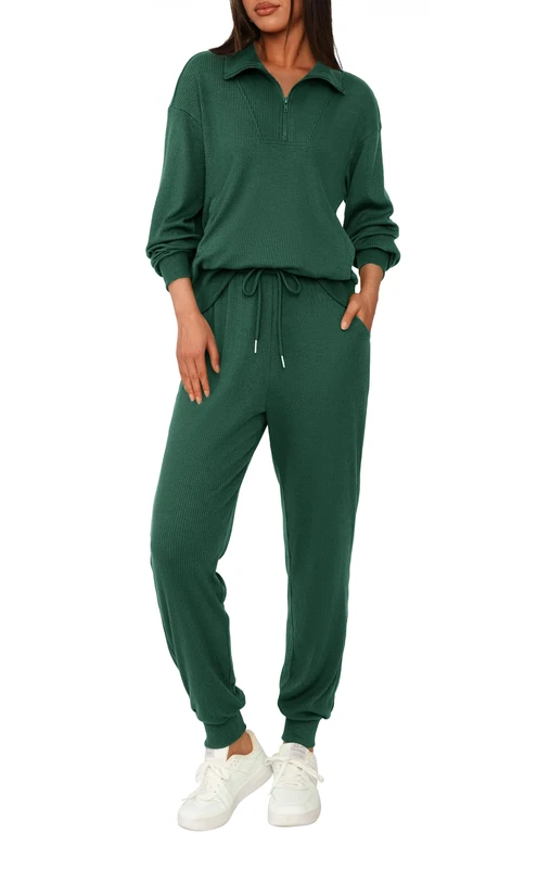 BTFBM Women's 2 Piece Tracksuit Fall Outfits 2023 Long Sleeve Half Zip Sweatshirt Sweatpants Lounge Set Sweatsuits, Solid Dark Green, Large