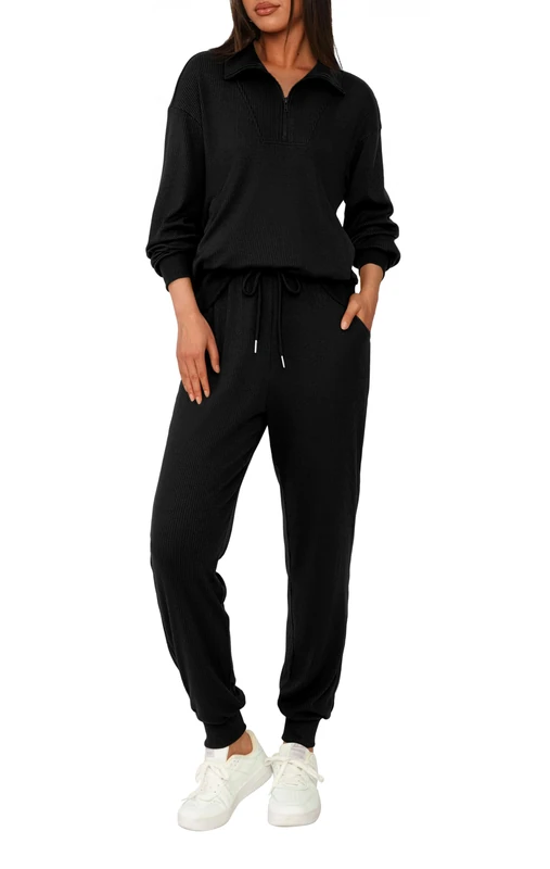 BTFBM Women's 2 Piece Tracksuit Fall Outfits 2023 Long Sleeve Half Zip Sweatshirt Sweatpants Lounge Set Sweatsuits, Solid Black, Medium