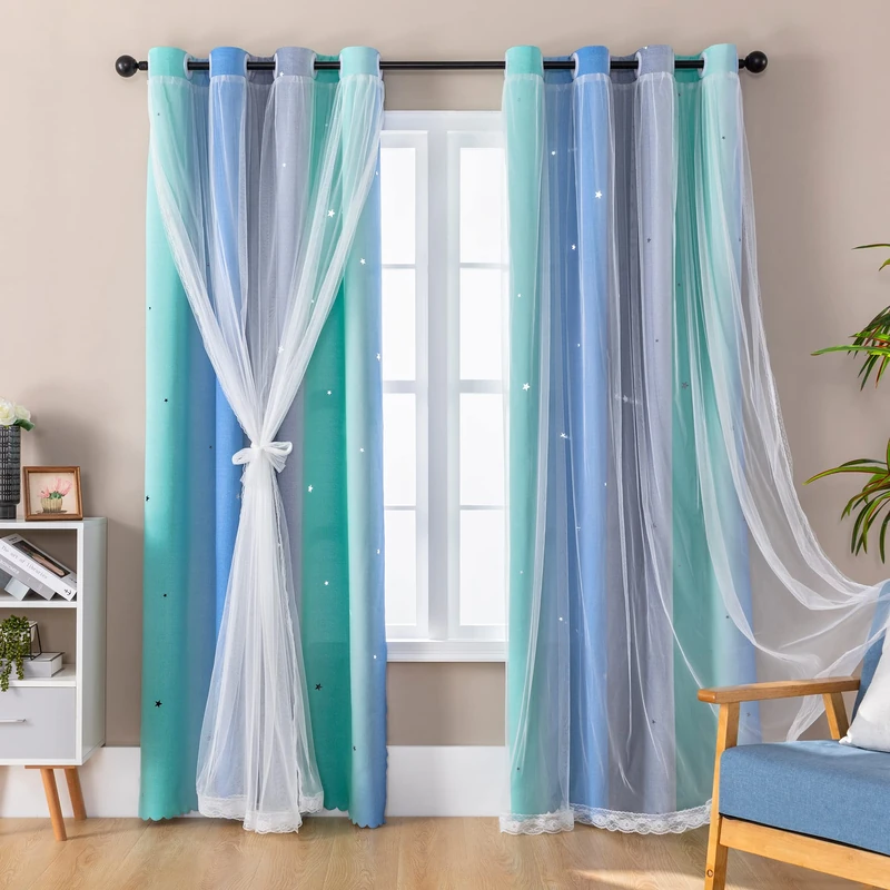 XiDi Blackout Curtains 84 Inches Long, Curtain for Kids Bedroom Decor for Girls Room, 2 Panels Set for Bedroom and Living Room,W52 x L84 inches Blue Green Grey