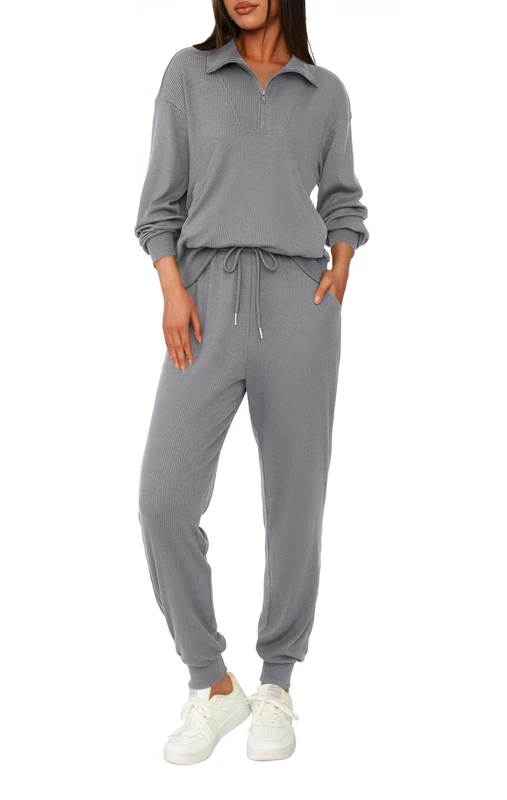 BTFBM Women's 2 Piece Tracksuit Fall Outfits 2024 Long Sleeve Half Zip Sweatshirt Sweatpants Lounge Set Sweatsuits, Solid Grey, XX-Large