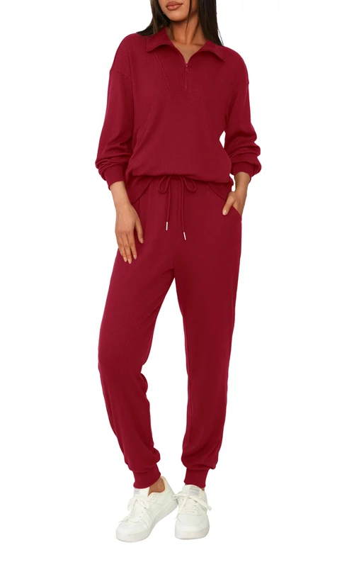 BTFBM Women's 2 Piece Tracksuit Fall Outfits 2023 Long Sleeve Half Zip Sweatshirt Sweatpants Lounge Set Sweatsuits, Solid Wine Red, Medium