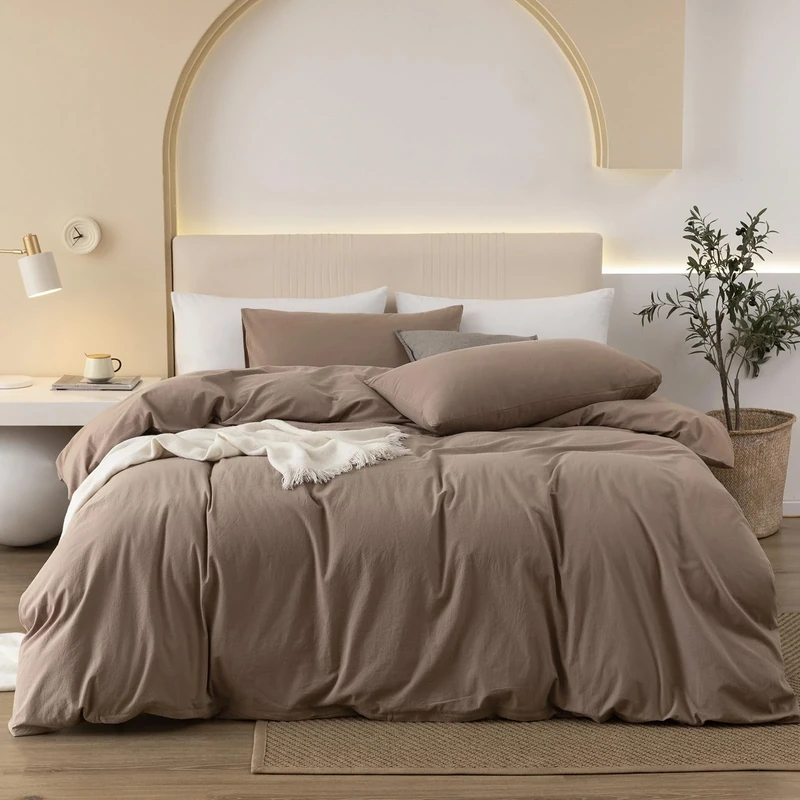 JIYUAN 100% Washed Cotton Duvet Cover Set Comfy Simple Style Soft Breathable Textured Durable Linen Feel Bedding for All Seasons King, Solid Brown