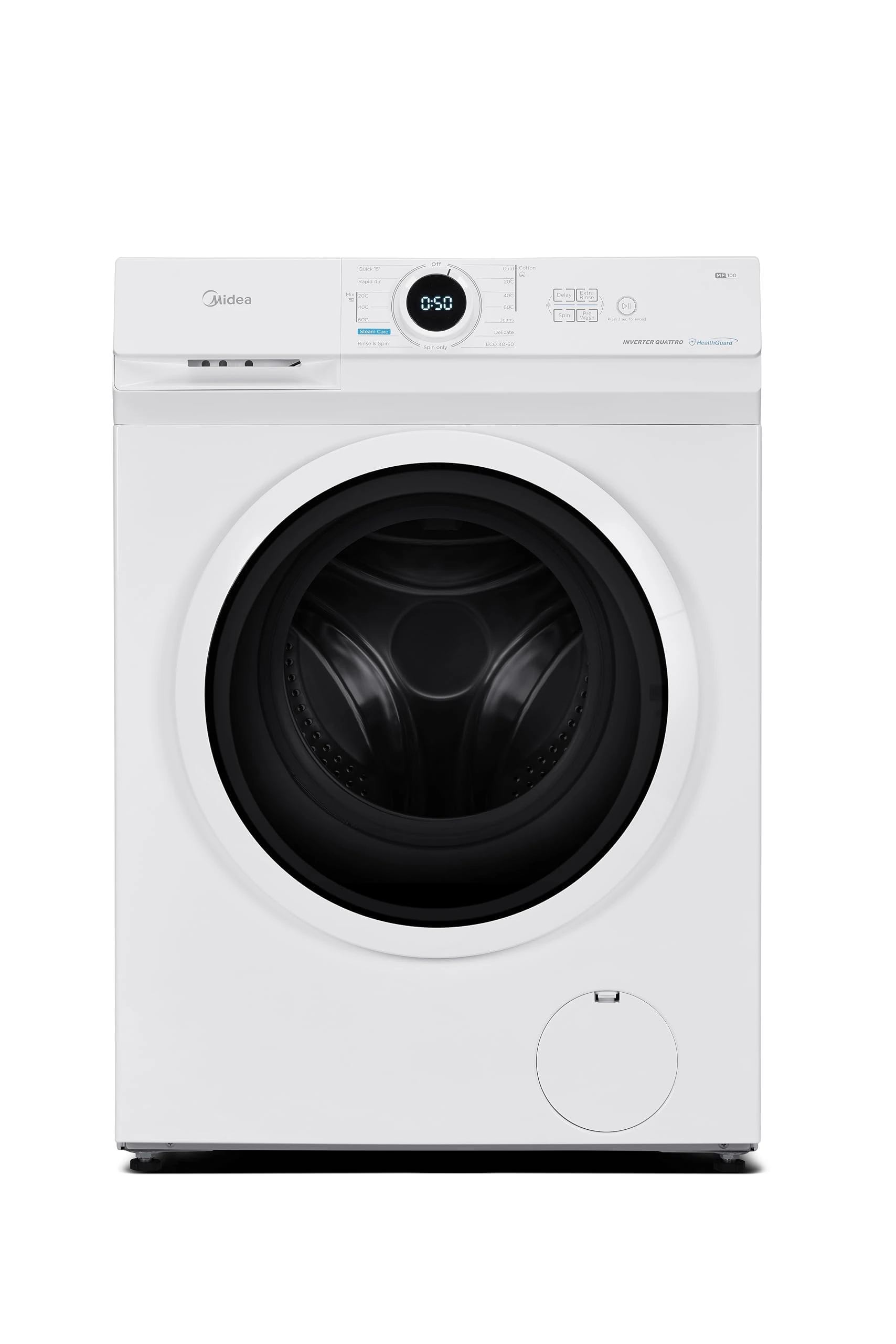 Midea MF10EW80BA Freestanding Washing Machine,8kg Load,1400 RPM,Quick Wash,Steam Care,Add Garment,BLDC Motor,White