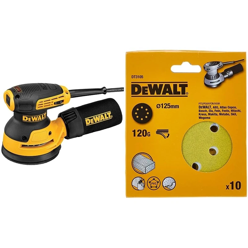 DEWALT DEWDWE6423 Eccentric Sander, Yellow/Black & DT3105-QZ DT3105-QZ-Discos para lijadoras rotorbitales de 125 mm, Colour, Size