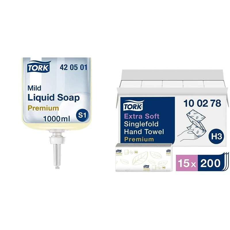 Tork Mild Liquid Soap S1/S11, Freshly Scented, 6 x 1000ml, 420501 & Extra Soft Singlefold Hand Towels White H3, Premium, Embossed, 15 x 200 Sheets, 100278