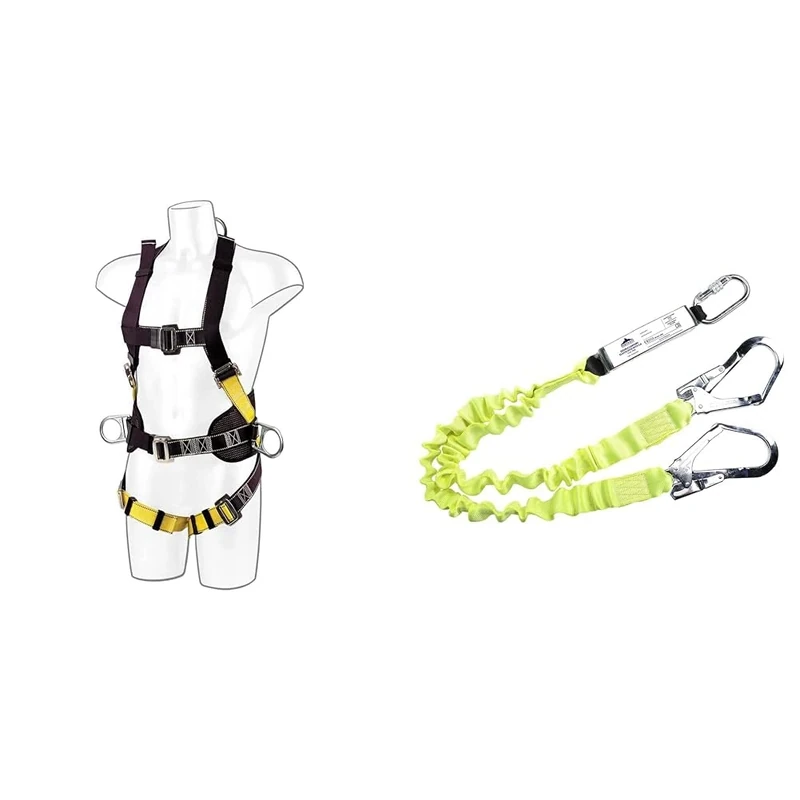 Portwest 2 Point Comfort Plus Harness, Size: One Size, Colour: Black, FP15BKR & Double Elasticated Lanyard With Shock Absorber, Size: One Size, Colour: Yellow, FP52YER