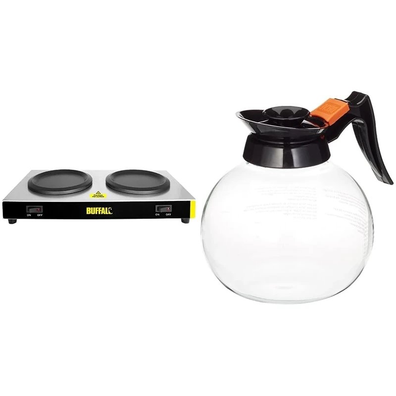 Buffalo 160W Twin Brewed Coffee Drink Warmer Hot Plates |2x Independently Controlled Hotplates | L413 & Stalwart D821 Coffee Jug Glass Mug Cup Creamer Pitcher Decanter, Transparent, Black, 1.8Ltr