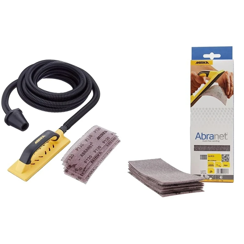 Mirka Handy Sanding Kit 80 x 230mm Single Unit & Mirka Abranet net Sandpaper Strips 80x230 mm/Grip/Grit P80 / 10 pcs / AE175F1080 / for dust-Free Sanding of Wood, Filler, Varnish, Plastics