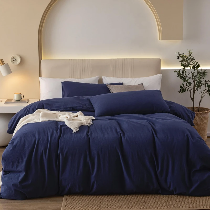 JIYUAN King Washed Cotton Duvet Cover Set, 3-Piece, Relaxed Linen Feel
