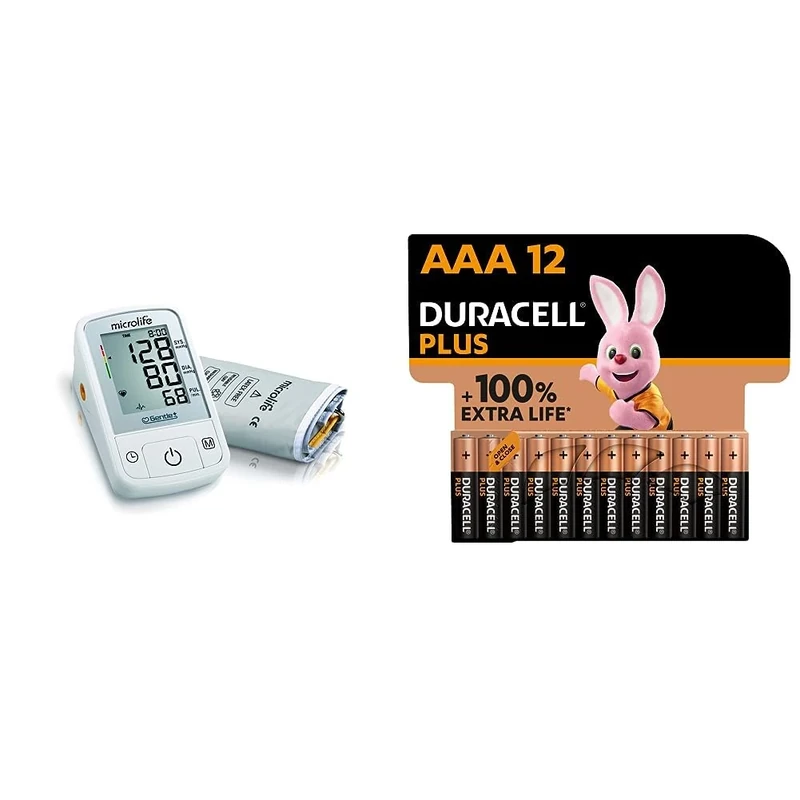 Microlife BPA2-B Microlife A2 Basic Portable Automatic Upper Arm Blood Pressure & Pulse Monitor & Duracell Plus AAA Alkaline Batteries [Pack of 12], 1.5V LR03 MN2400 - Image 1