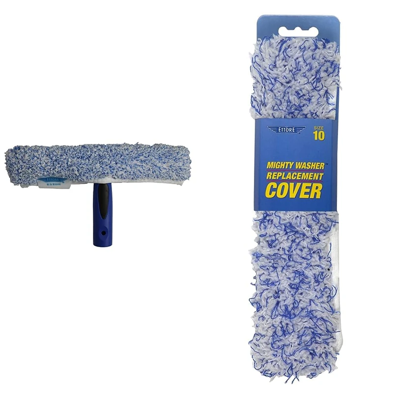 Ettore 63010 ProGrip Window Washer Scrubber, 10-Inch,blue & 52010 Mighty Window Washer Replacement Cover, 10-Inch