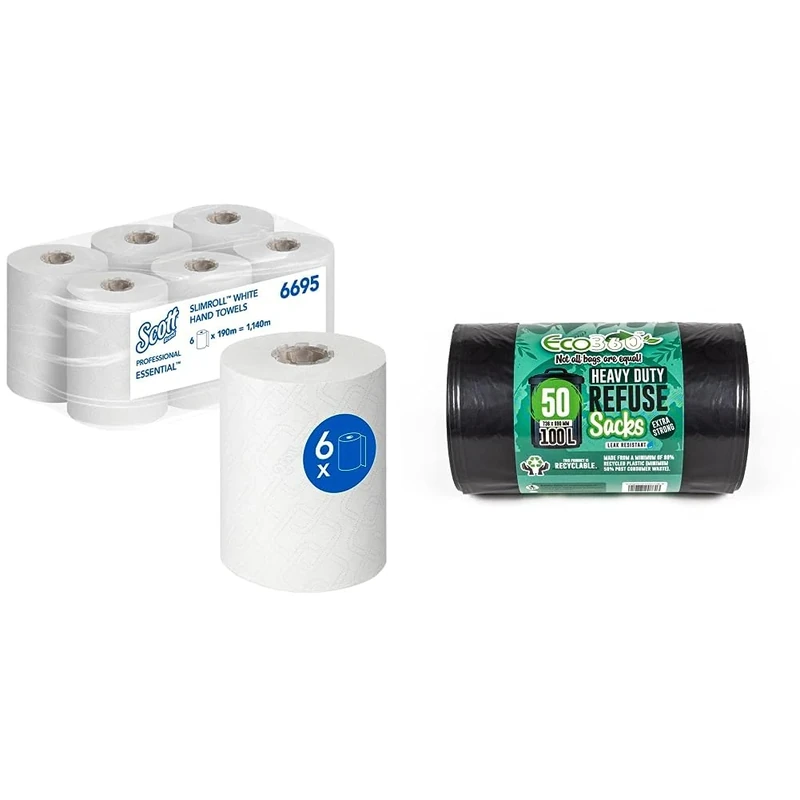 Scott Slimroll roll Towels 6695 - roll Paper Towels - 6 x 190 m Paper Towel Rolls, White, Absorbent, Plastic Free, Suitable for Food Contact & Eco Bag 50 Heavy Duty Refuse Sacks, Black, 1x