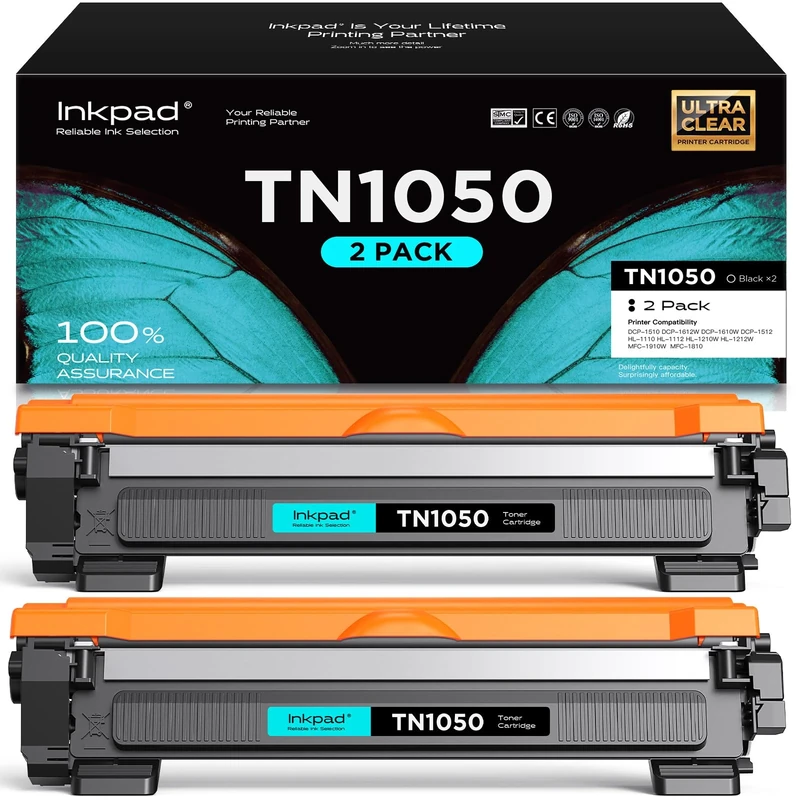 iNKPAD TN1050 TN-1050 Toner Cartridges Compatible with Brother DCP-1612W HL-1110 HL-1210W HL-1212W DCP-1510 DCP-1512 DCP-1610 DCP-1610W MFC-1810 MFC-1910W Printers (Black, Pack of 2)