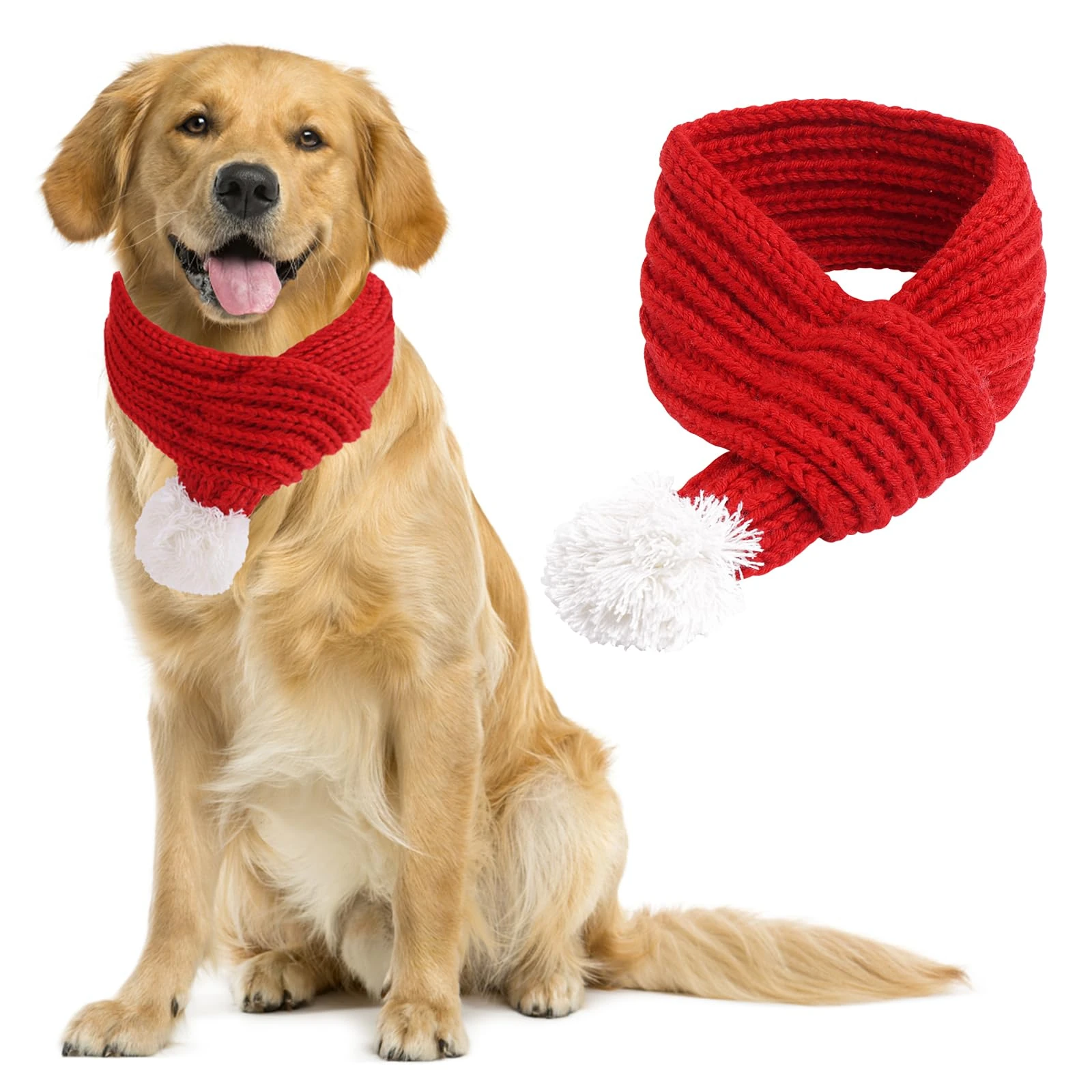 Amaxiu Christmas Cat & Dog Scarf, Knitted Winter Pet Santa Scarf with White Pompom Ball - Red, Large