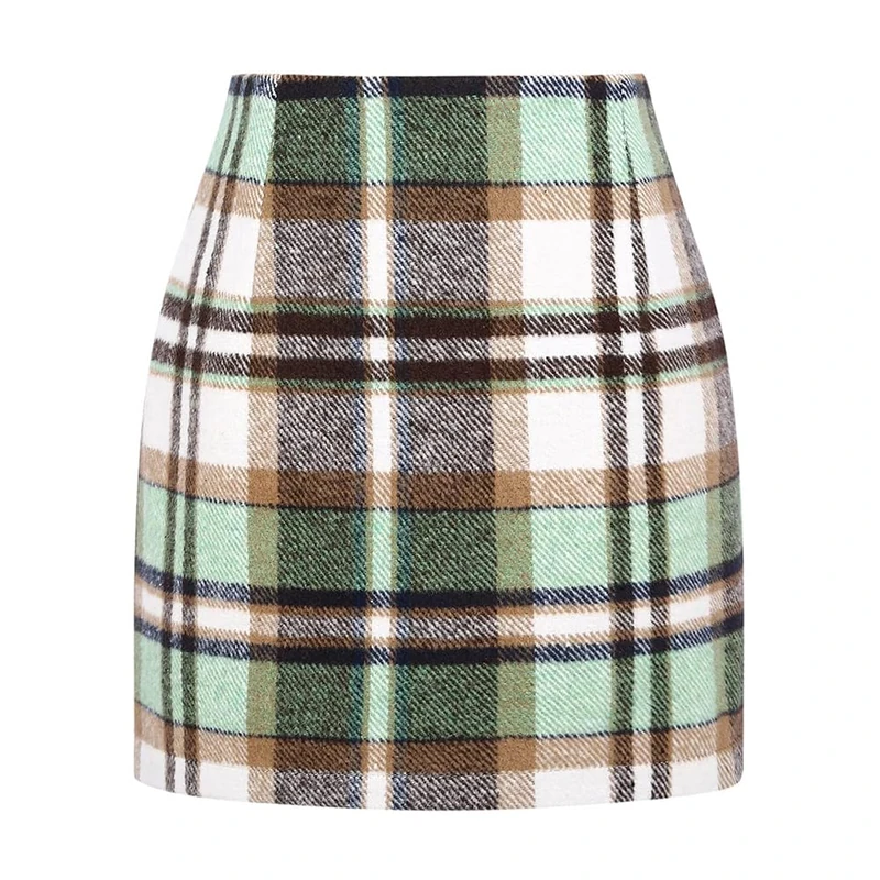 Kinghua Womens Wool Plaid Pencil Skirt Fall Winter High Waisted Slit Bodycon Knee Length Midi Skirt, Green 02, L