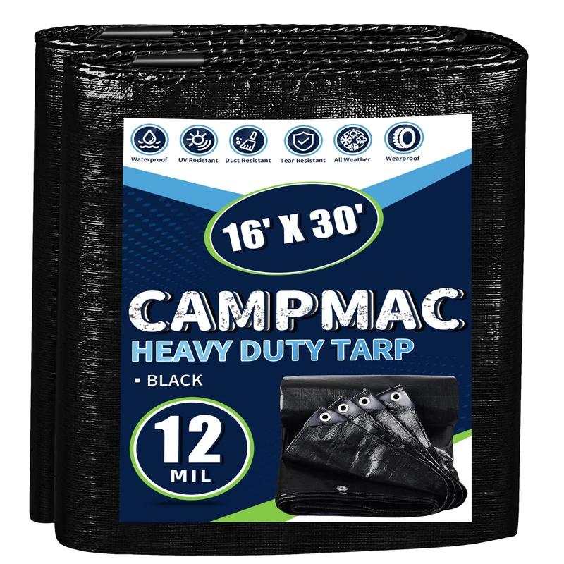 CAMPMAC Black Tarps Heavy Duty Waterproof 16x30, 12 Mil Thick, High Durability, Rip and Tear Resistant with Metal Grommets Every 20 Inches
