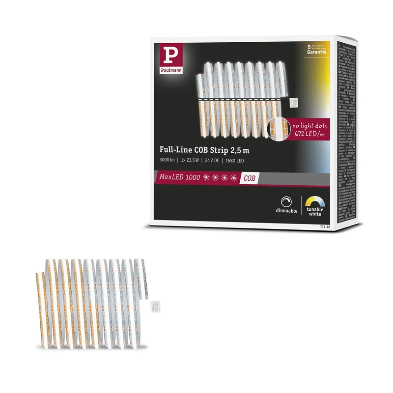 Paulmann 71116 MaxLED 1000 LED Strip Full Line COB 2.5m 23.5W 1200lm/m 672LEDs/m Tunable White LED Strip Expandable