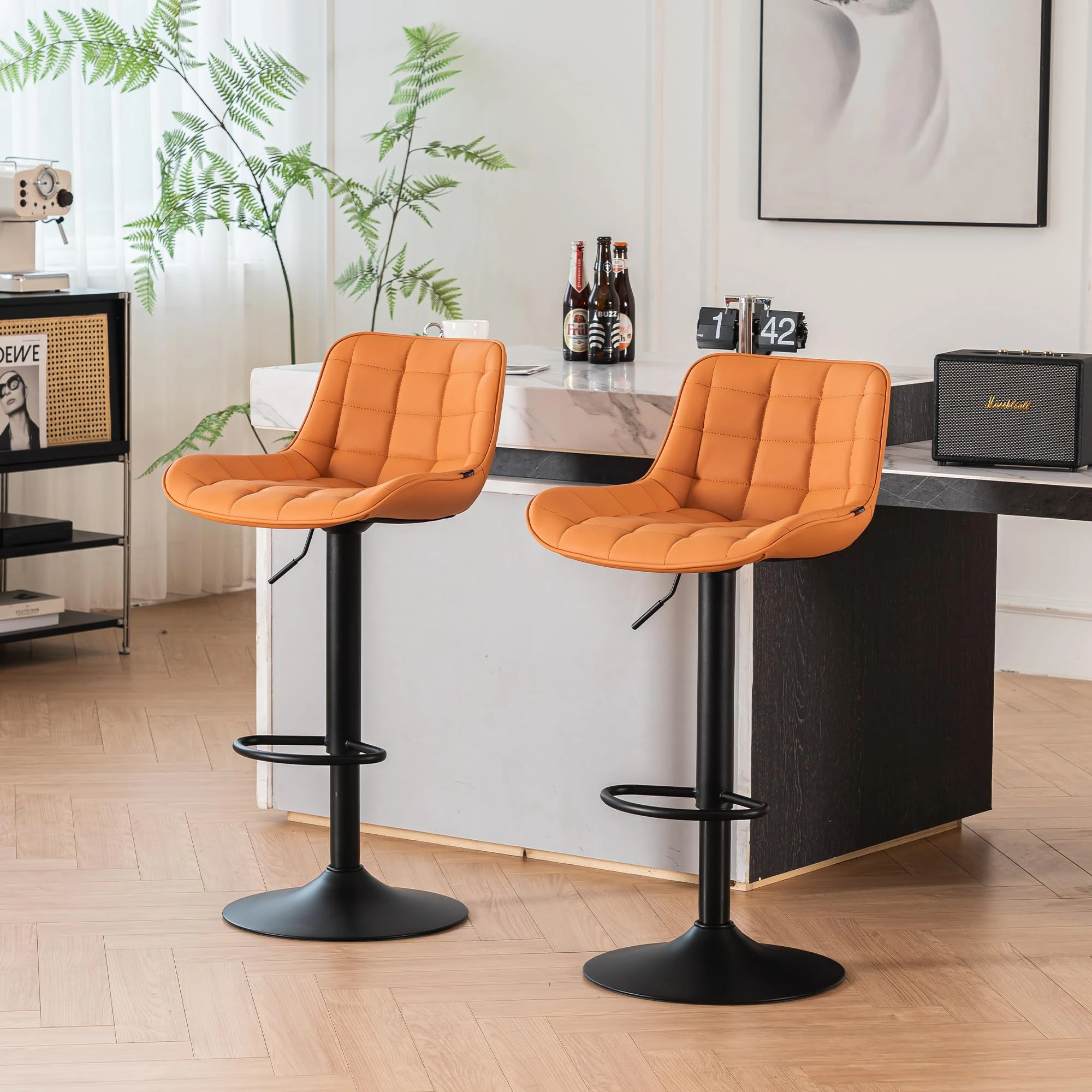 YOUTASTE Modern Bar Stools Set of 2, PU Leather Height Adjustable Swivel Chair with Backrest & Footrest, Height Counter Stools for Breakfast Bar, Kitchen, Camel