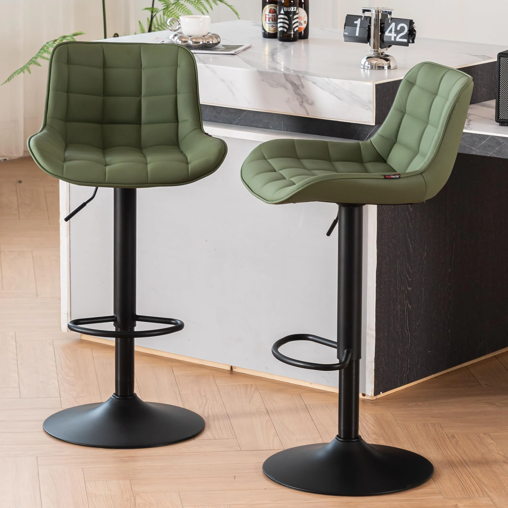 YOUTASTE Modern Bar Stools Set of 2, PU Leather Height Adjustable Swivel Chair with Backrest & Footrest, Height Counter Stools for Breakfast Bar, Kitchen, Olive Green