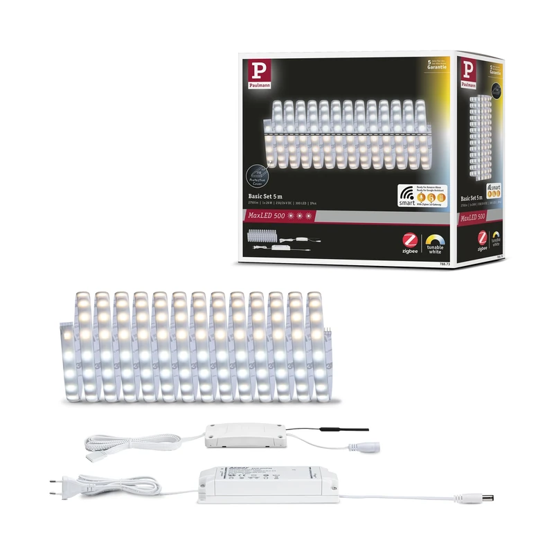 Paulmann 78873 LED Strips MaxLED 500 Basic Set Smart Home Zigbee Tunable White 5m IP44 26W 230/24V 2750lm Silver LED Lighting Strip Splash-Protected