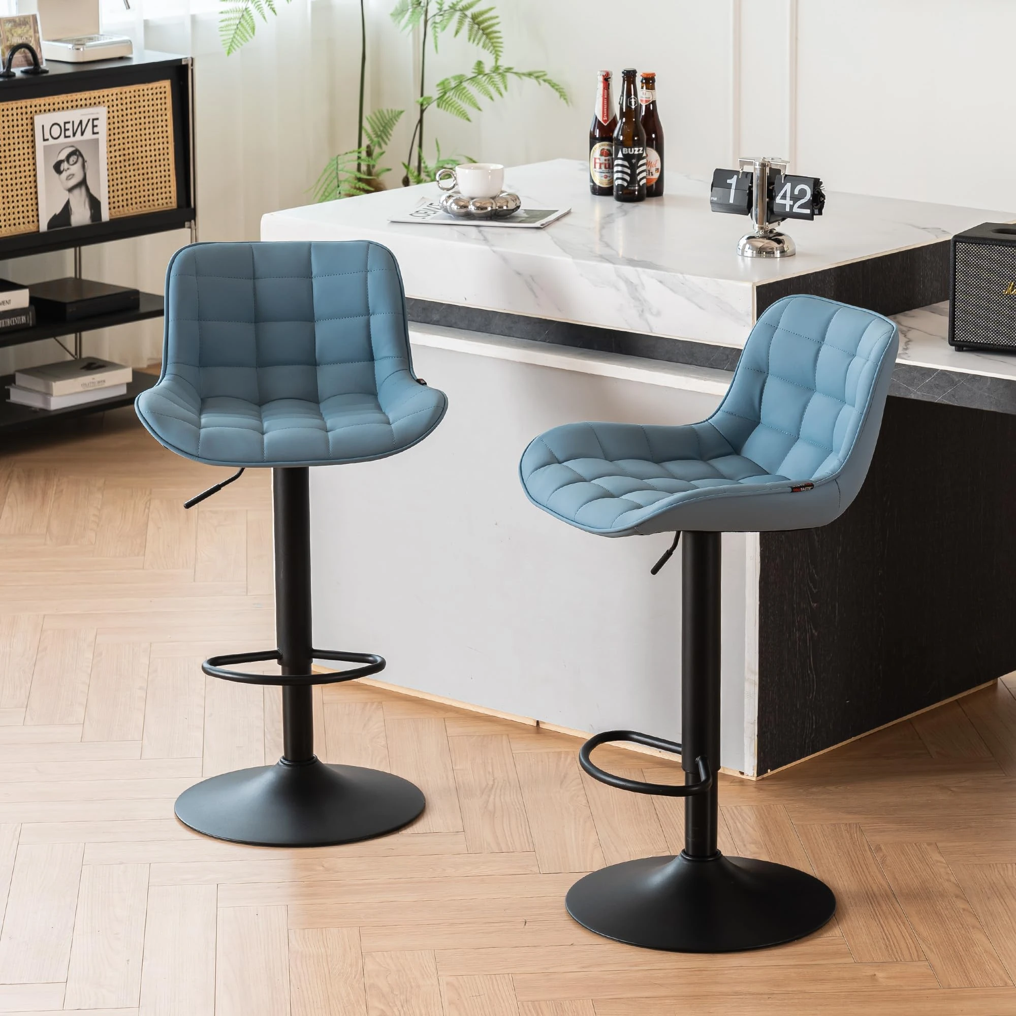 YOUTASTE Modern Bar Stools Set of 2, PU Leather Height Adjustable Swivel Chair with Backrest & Footrest, Height Counter Stools for Breakfast Bar, Kitchen, Blue