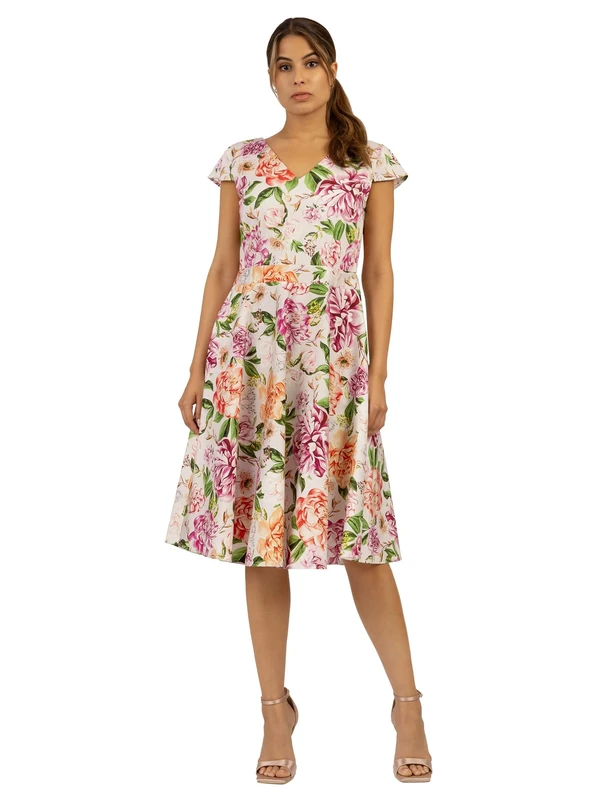 ApartFashion Women's Printed Summer Dress Cocktail, Apricot-Multicolour, 6