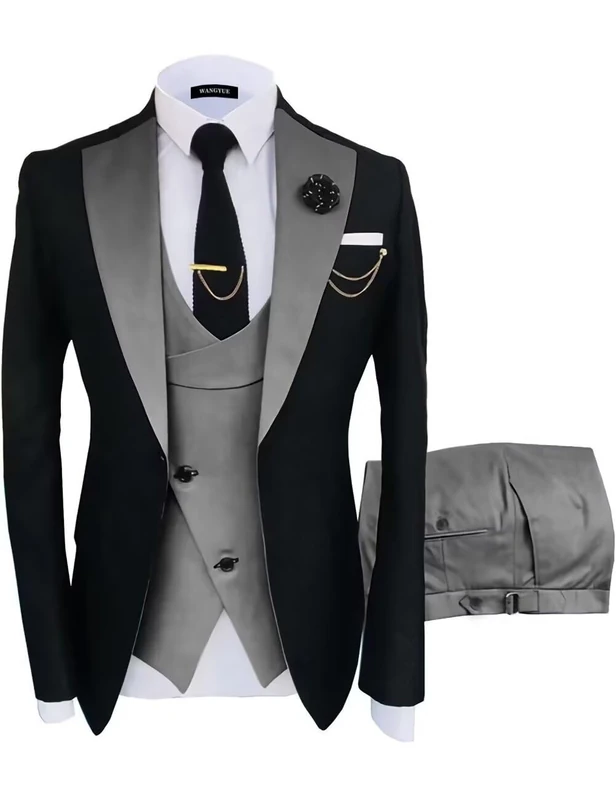 Wangyue Wedding Tuxedo Double Breasted 3 Piece Slim Fit Suit Sets, Black-Grey, XXL