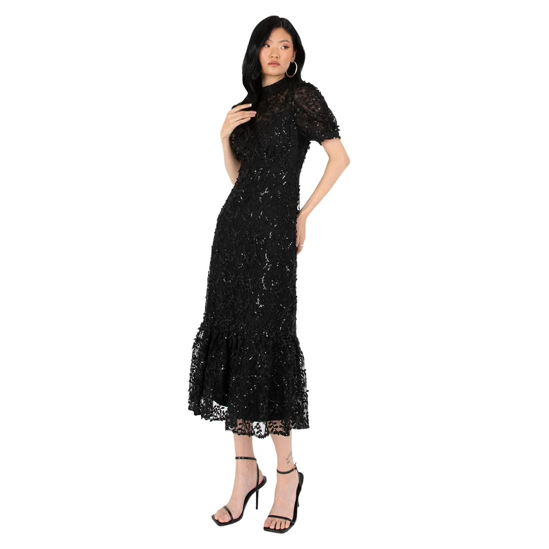 Maya Deluxe Women's Embroidered Dress for Ladies Sequin Embellished Midaxi Floral High Neck Wedding Guest Ball Evening Cocktail Dress, Black, 16