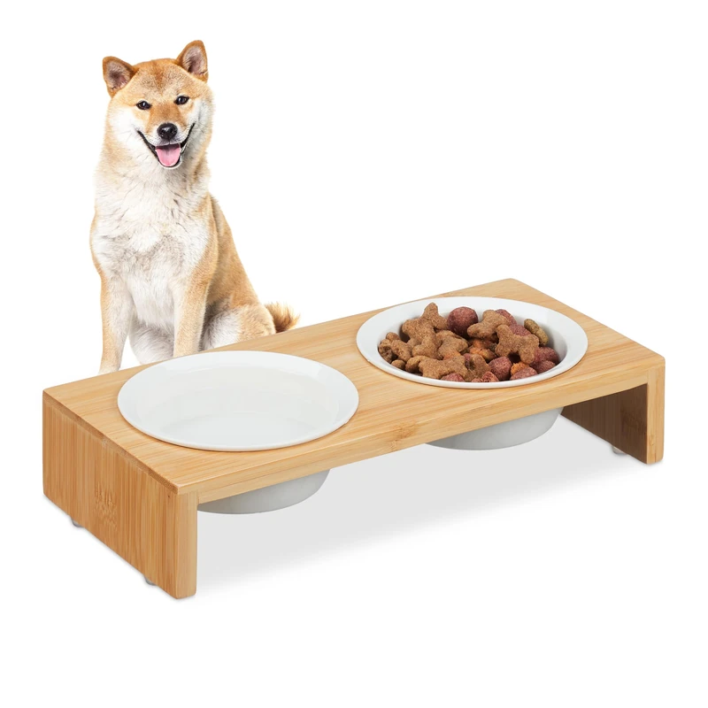 Relaxdays Pet Feeding Station, 2X Dog, Bamboo Wood Stand, Ceramic Bowls, Each 270ml Volume Capacity, Natural/White, 6 x 29 x 13.5 cm