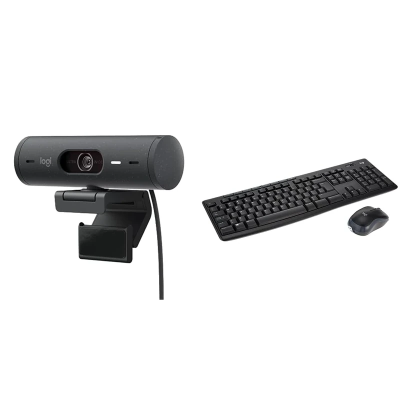 Logitech Brio 500 Full HD Webcam with Auto Light Correction, show Mode, Dual Noise Reduction Mics & MK270 Wireless Keyboard and Mouse Combo for Windows, 2.4 GHz Wireless, Compact Mouse
