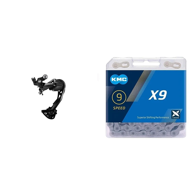 SHIMANOSHIMANO,Black,ERDM3100SGS Alivio Alivio M3100 rear derailleur, 9-speed, Shadow design, SGS long cage & KMC Unisex's X9 Chain, Grey, 114 LinkKMC