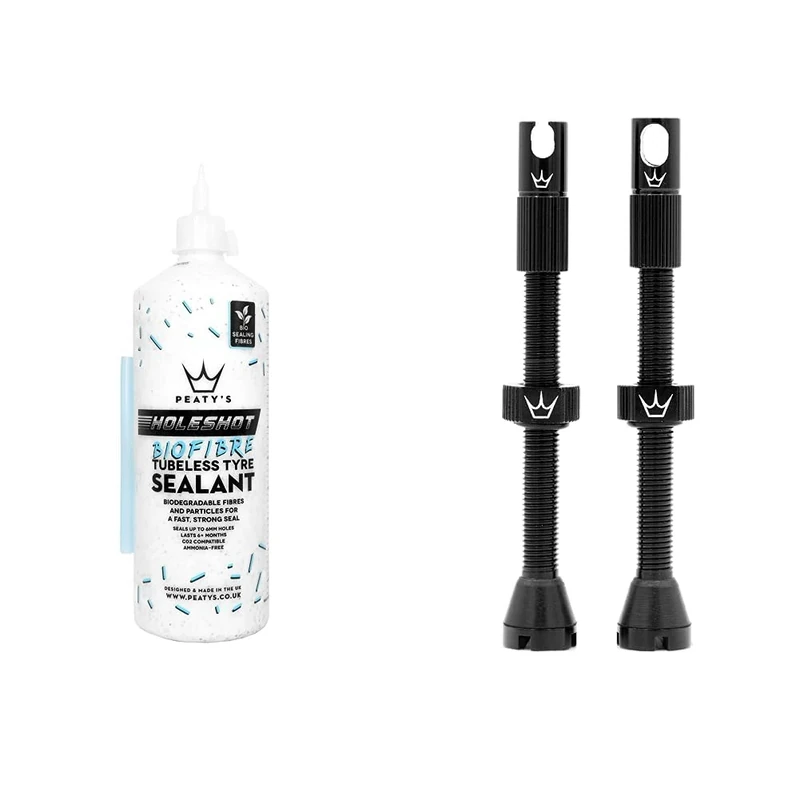 Peaty's Holeshot Biofibre Tubeless Tyre Sealant, Fast Acting Puncture Repair & X Chris King MK2 Tubeless Valves Presta - Integrated Spoke Key & Valve Core Removal Caps