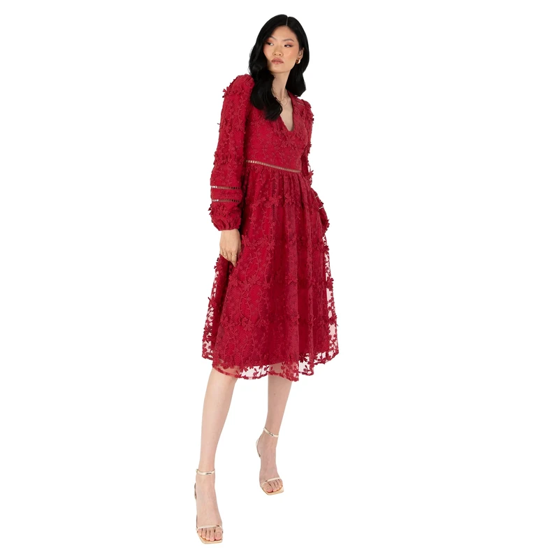 Maya Deluxe Women's Midi Dress Ladies Floral Embroidered Lace Long Sleeve V-Neck for Wedding Guest Bridesmaid Prom Occasion Ball Gown, 8, Wine, Wine Red, 10