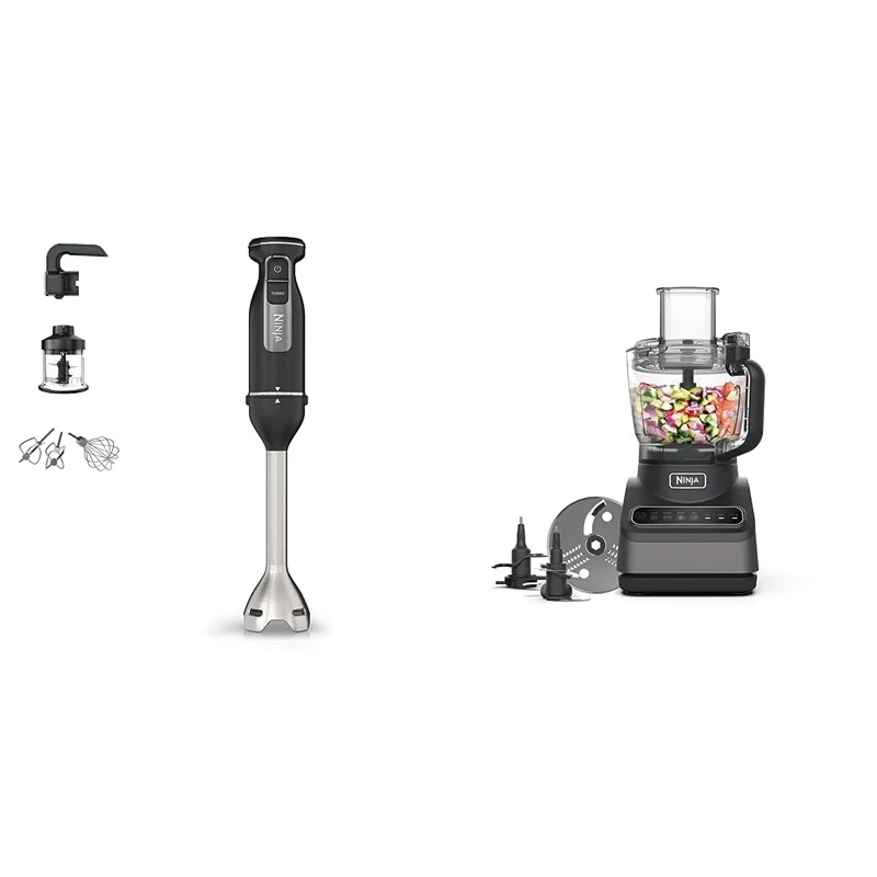 NinjaNinja Foodi 3-in-1 Hand Blender, Hand Mixer & Chopper [CI100UK] 850W, Black & Food Processor with Auto-iQ [BN650UK] 850W, 2.1L Bowl, SilverNinja
