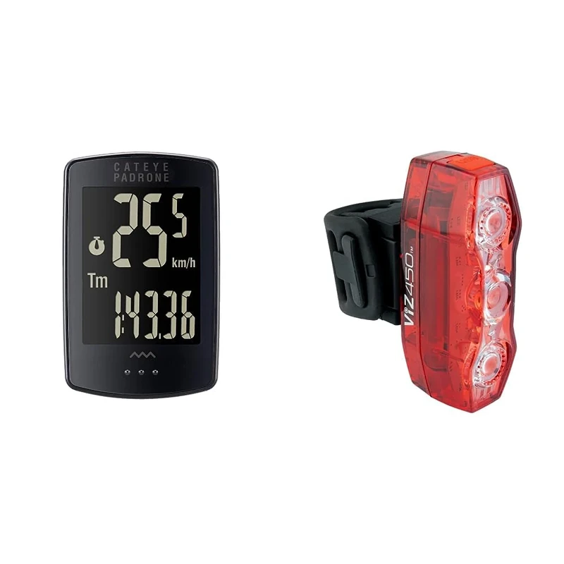 CatEyeCatEye Unisex Padrone Stealth Wireless Cycle Computer, Black, One Size UK & Unisex's Viz 450 Rear Light Safety, Red, One SizeCatEye