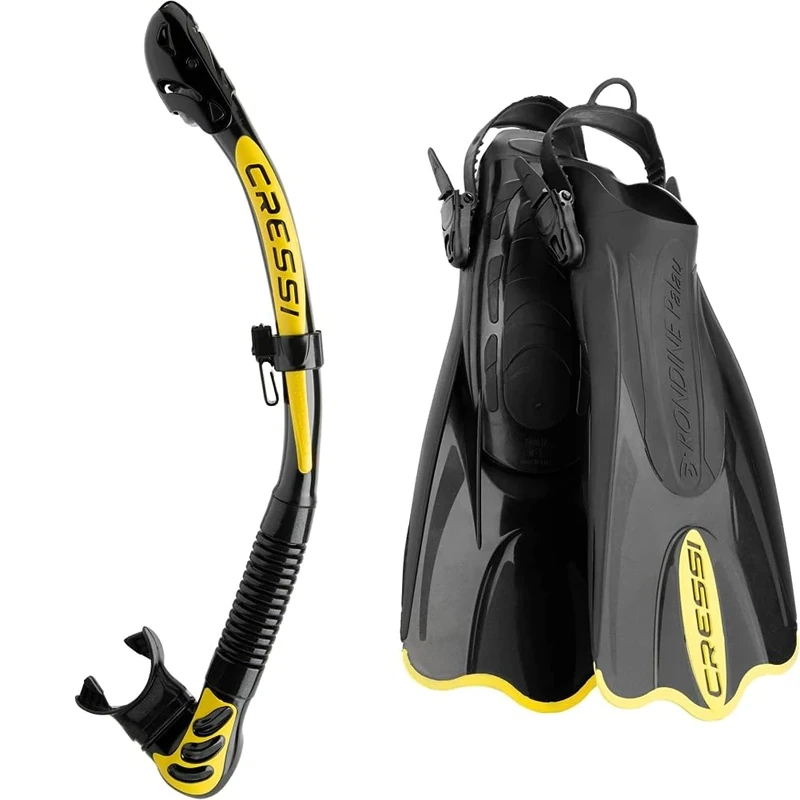 Cressi CressiCressi Alpha Ultra Dry Snorkel Dry - Black/Yellow, Uni & Palau Saf - Adjustable Short Flipper Fins for Snorkelling and Swimming, Adult Unisex,Black/Yellow,L-XLCressi