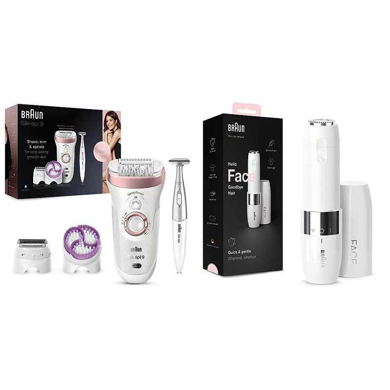 Braun Silk-épil 9 Epilator for Long-Lasting Hair Removal with Electric Shaver & Trimmer & Face Mini Hair Remover, Facial Hair Remover for Women Mini-Sized Design for Portability