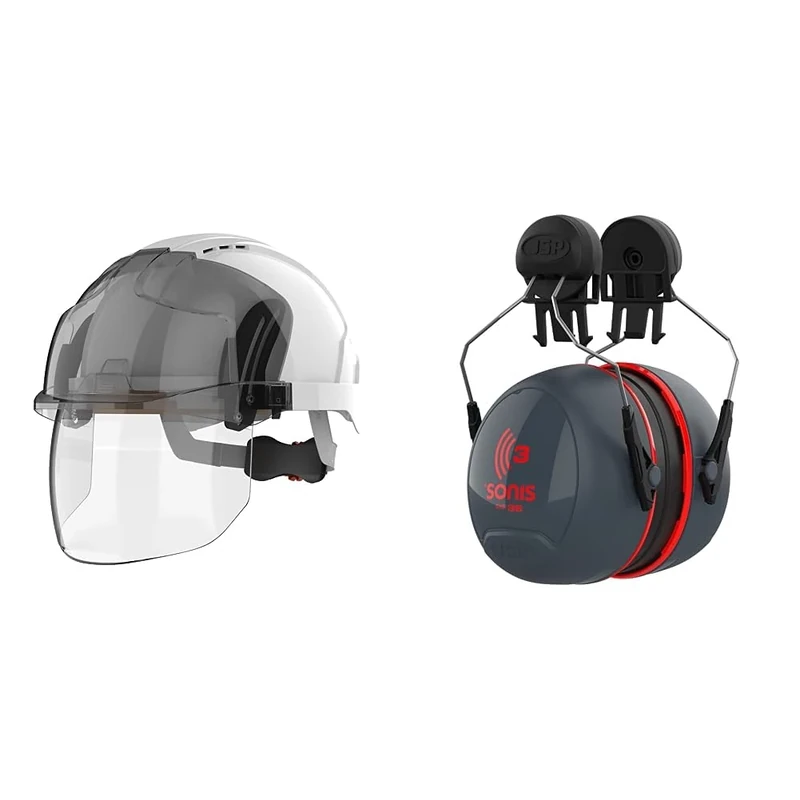 JSPJSP EVO VISTAshield Safety Helmet with Integrated Faceshield - Vented - White/Smoke & Sonis 3 Helmet Mounted Ear Defenders - SNR 36 - (AEB040-0C1-A00), One sizeJSP