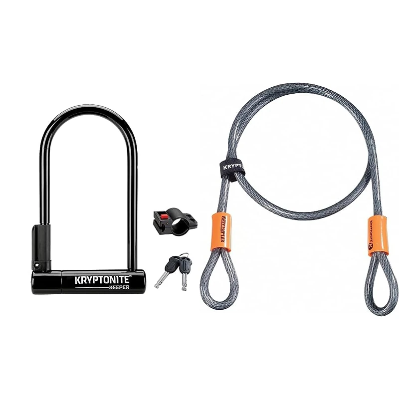 KryptoniteKryptonite Keeper 12 STD w/Bracket Lock - Black, Standard & Kryptoflex Cable with Double Loop Bike Lock Security, 10mm x 120cm, Silver/OrangeKryptonite