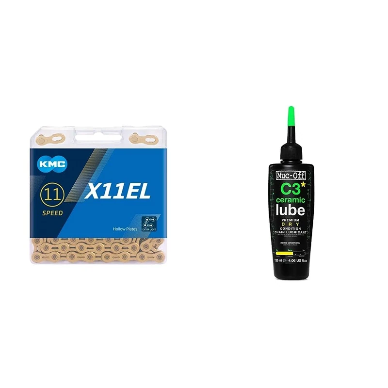 KMC Unisex's X11el Chain, Ti-N Gold, 118 Link & Muc-Off 872 C3 Ceramic Dry Chain Lube, 120 Millilitres - Premium Bike Chain Lubricant