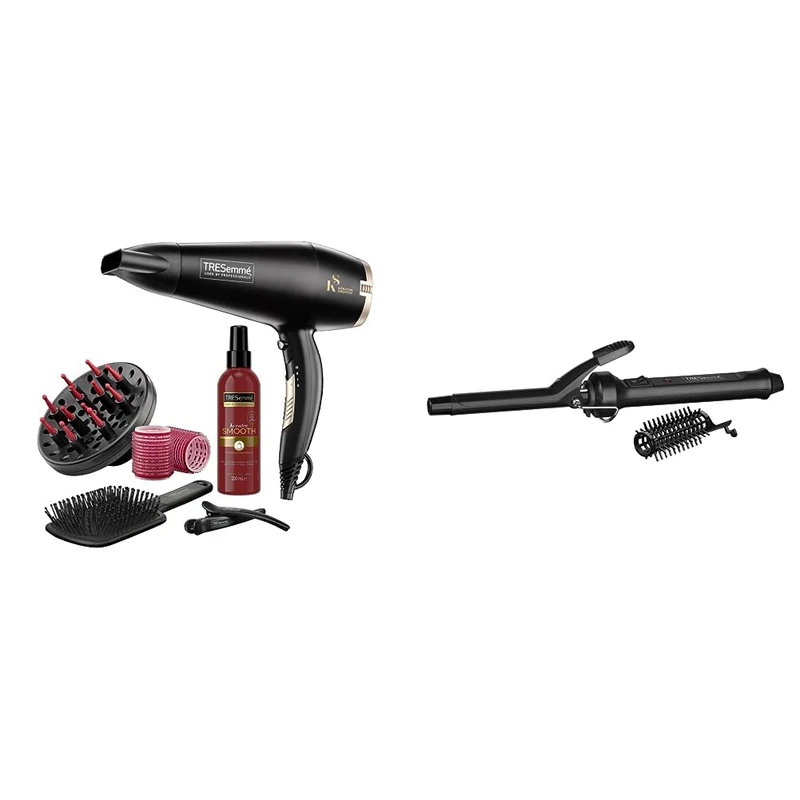 TRESemméTRESemme Keratin Smooth 2200W Volume Shine Hair Dryer Gift Set, Diffuser Dryer, Paddle Brush, Hair Rollers, Ionic Conditioning & Defined Curls Curling Tong, Black, 16 millimetersTRESemmé