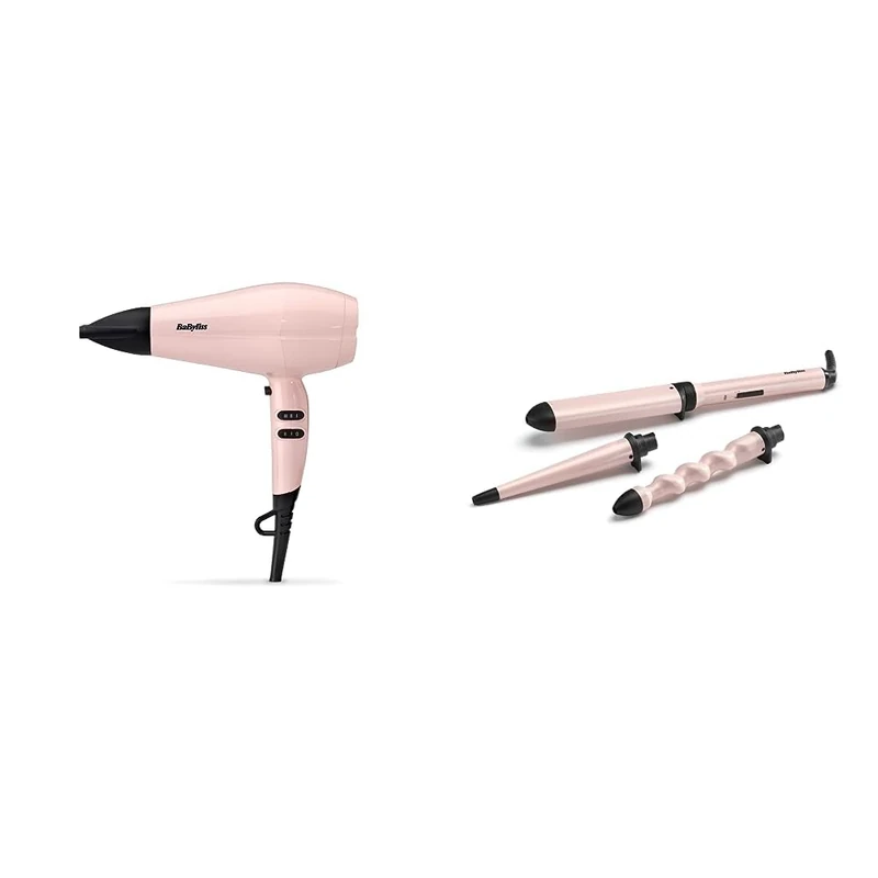 BaByliss Rose Blush 2200W Hair Dryer, Powerful Drying, Ionic, Lightweight Hair Dryer, Pink & Curl & Wave Trio Styler, Multi-Styler, Hair Waver, Beachy Waves, Loose Waves