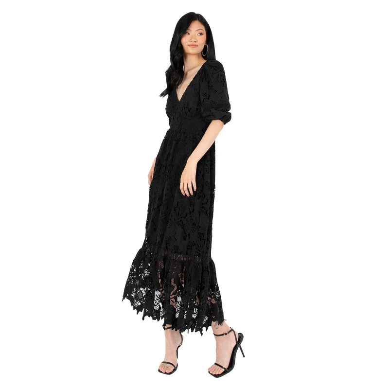 Maya Deluxe Women's Midaxi Dress V Neckline Puff Sleeve Lace A-Line for Wedding Guest Bridesmaid Cocktail Prom Evening Occasion Dress Women, Black, 14