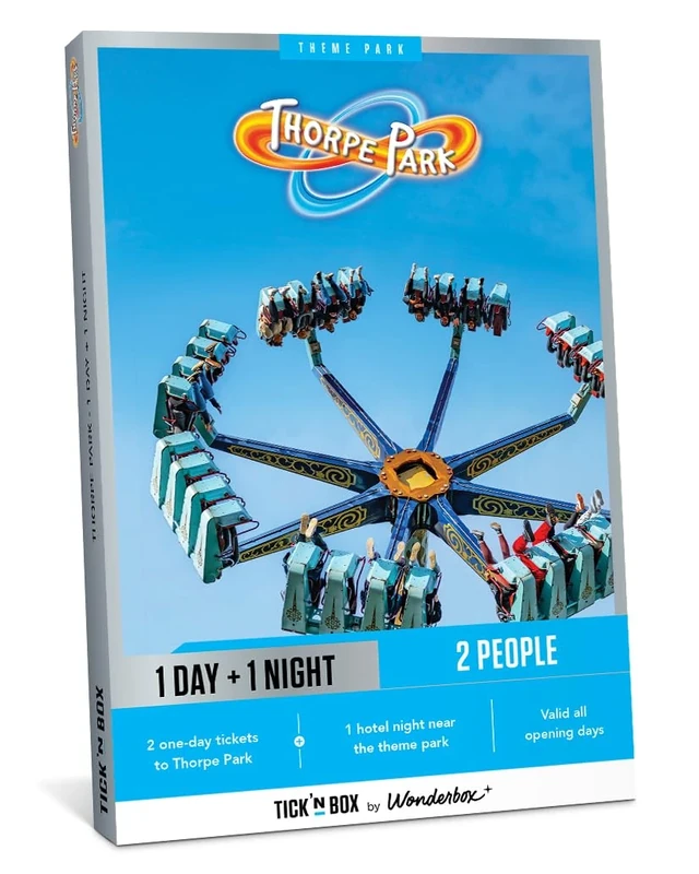 Tick&Box - Gift Box - Thorpe Park Stay - Visit UK's Most Thrilling Theme Park - 1 Day Entry for 2, 1 Night Stay - Unique Idea - Valid for 2 years